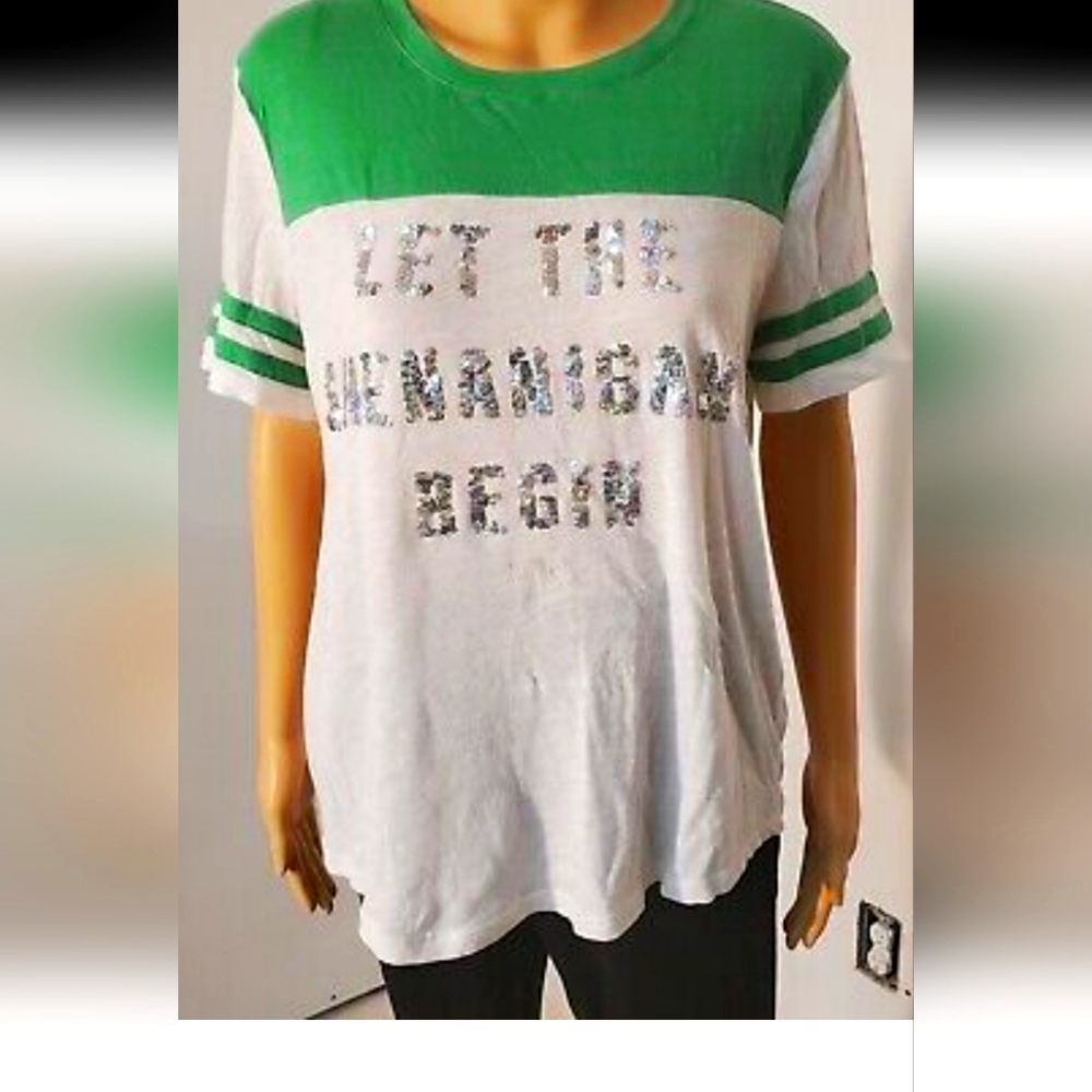 Pink Victoria Secrets let the shenanigans begin green white sequin  shirt Large